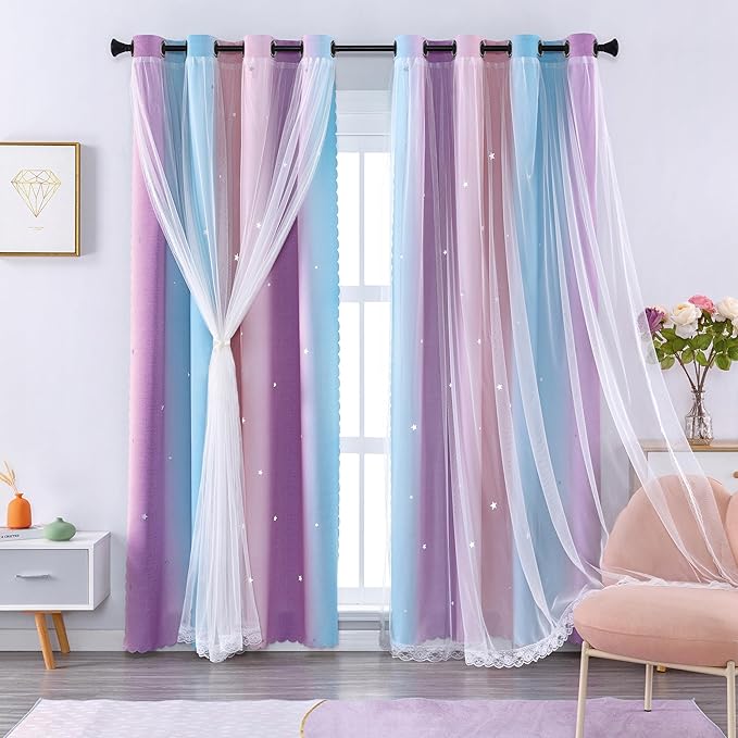 XiDi Blackout Rainbow Curtains for Girls Bedroom Double Layer with Sheer Curtains Grommets Top Star Cutout Ombre Window Drapes for Living Room Kids Nursery 2 Panels 42x72 Inch Length, Pink Purle