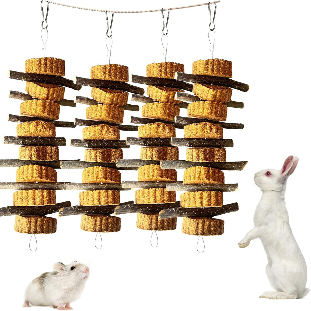 kathson Natural Small Animal Chew Toys for Teeth,4 PCS Rabbit Hanging Chewing Treats with Natural Organic Apple Stick Timothy Grass Carrot Cake for Hamsters Squirrel Guinea Pig Rabbits