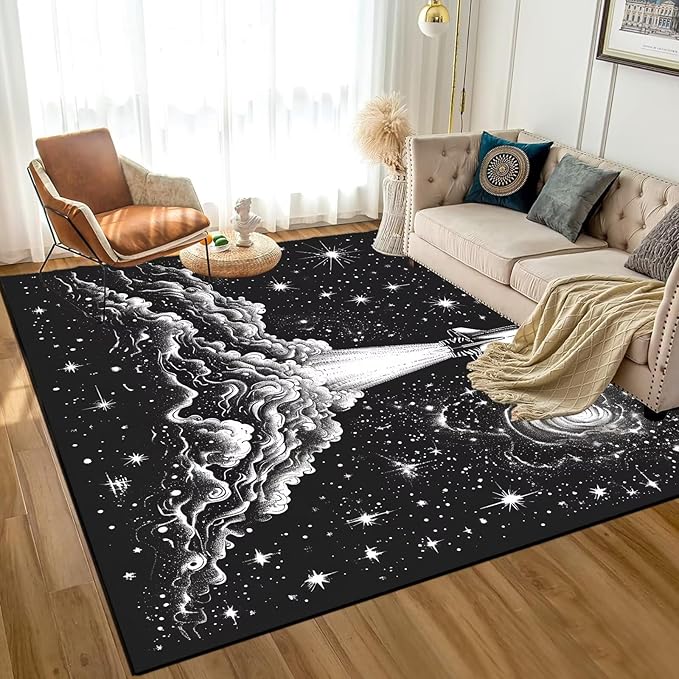 5' x 7' Space Rocket Rug for Kids Bedroom Black Stars Galaxy Rugs Carpet Planet Printed Throw Rugs for Boys Teens Living Room,150x210cm
