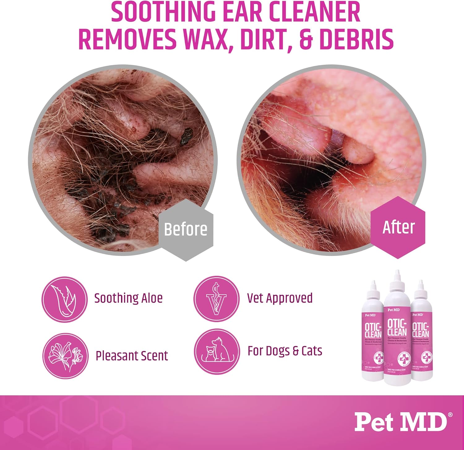 Pet MD Otic Clean Dog Ear Cleaner for Cats and Dogs - Effective Against Infections, Itching, and Controls Odor - 8 oz
