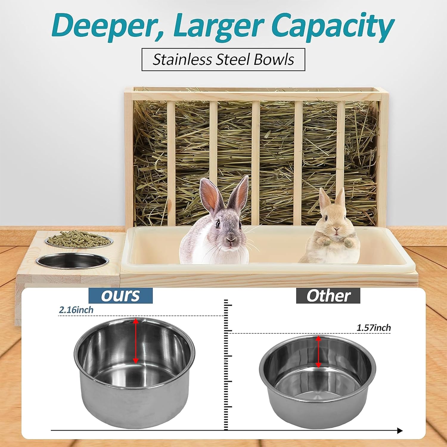 MOBYKE 3 in 1 Rabbit Hay Feeder with Litter Box, Wood, Mess Proof, for Guinea Pig, Chinchillas, Hamster, Dwarf Rabbit