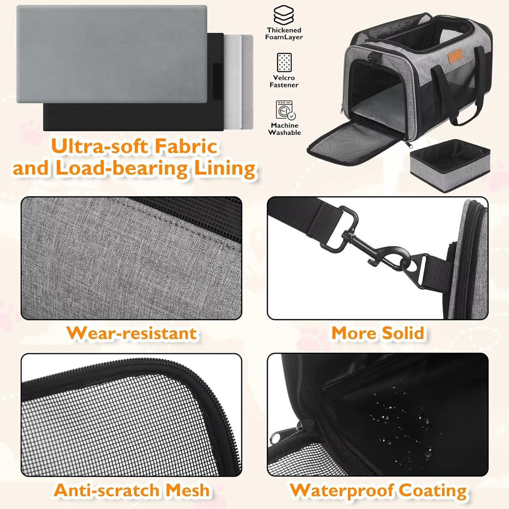 PETUX Pet Carrier Airline Approved, 17"x11"x9.5" Cat Carrier Soft with Anti-Scratch Mesh for Small Cats up to 12 lb, Top Open Portable Dog Carriers with Little Box for Puppy up to 10 lb (Grey)