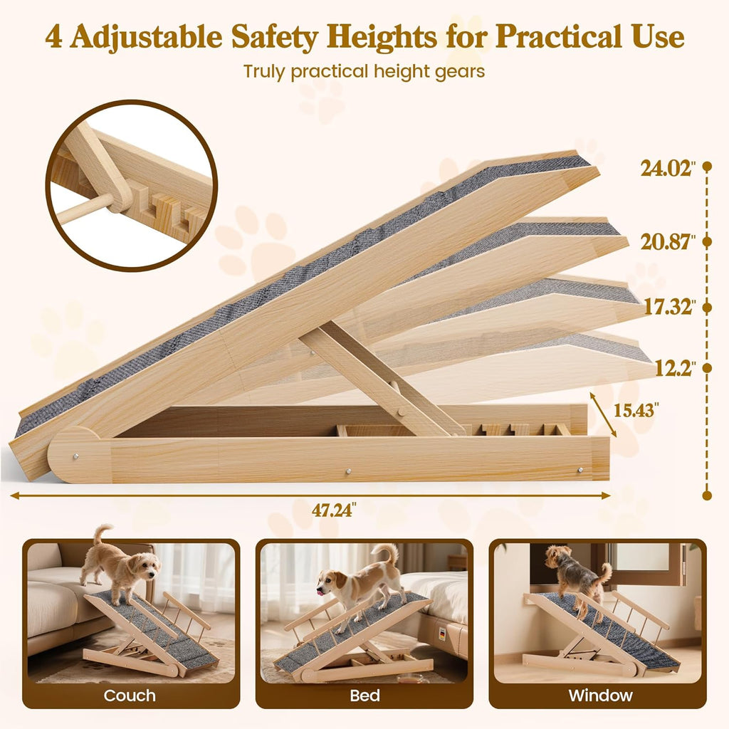 Dog Ramp for Bed, 47" Long Non-Slip Portable Pet Ramp for Small Large Dogs, Wooden Adjustable Dog Ramps for Bed, Couch, Car -Non Slip Carpet Surface and Foot Pads, Height from 12" to 24", Up to 200LBS