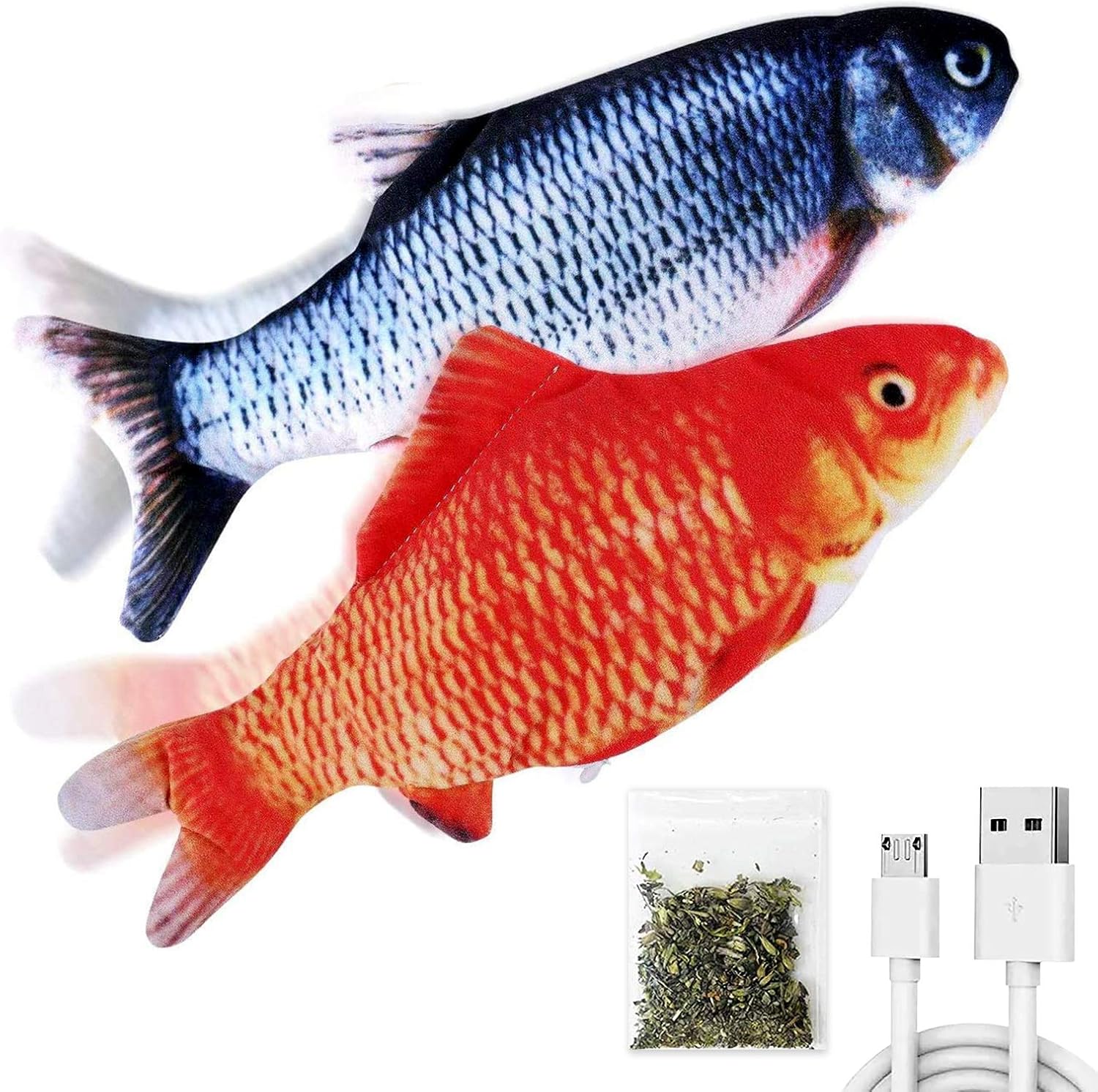 TOOGE 2 Pack 9" Floppy Fish Cat Toys with SilverVine and Catnip for Indoor Cats for Small Dogs Interactive Automatic Flopping Kicker Toys for Cats Puppy (Red Carp + Carp)
