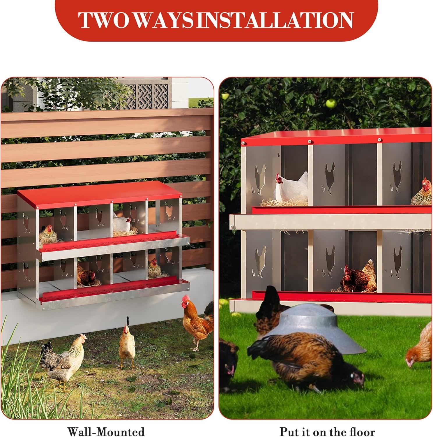 8 Hole Chicken Nesting Box with Roll Out Egg Tray, Rustproof & Ventilated Chicken Laying Boxes for Hens, Chickens, Ducks | Easy-Clean Poultry Coop Accessories