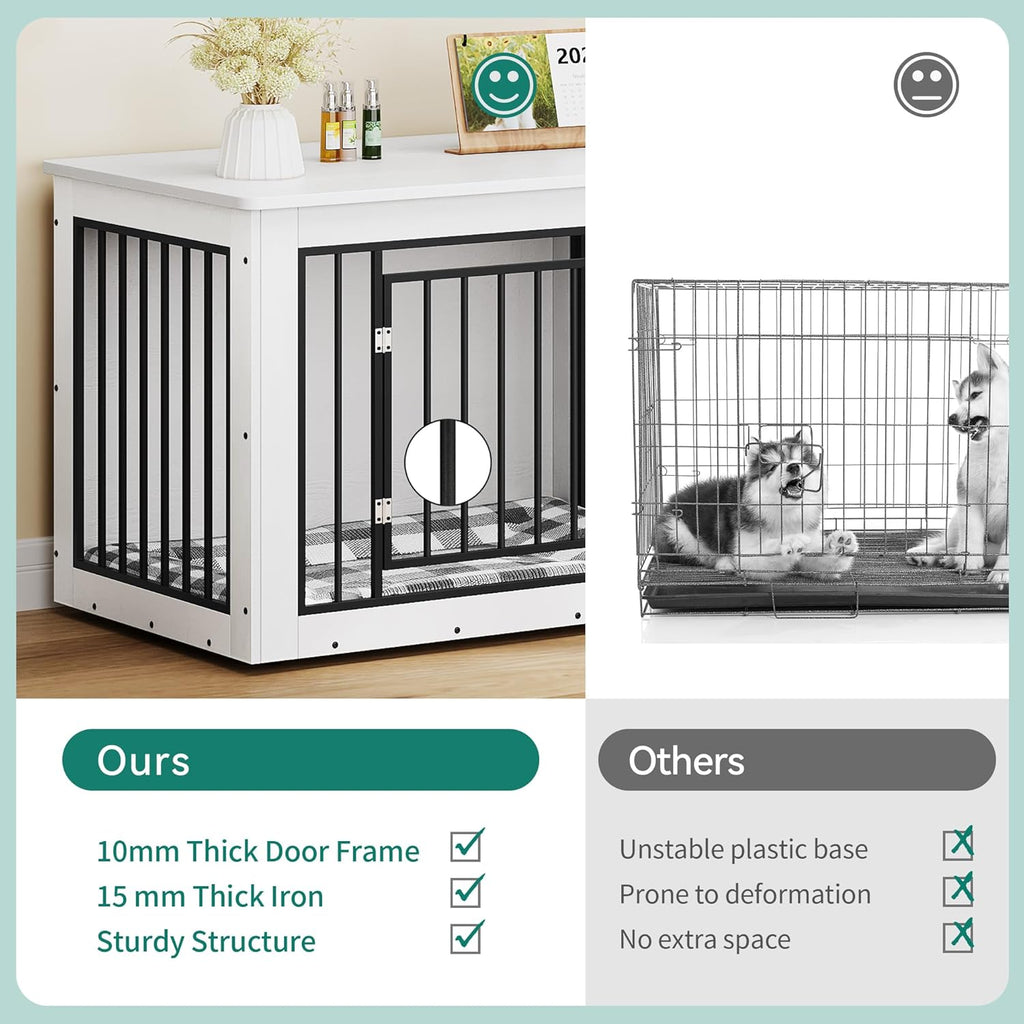 YITAHOME 76 Inch Double Dog Crate Furniture, XXL Dog Crate Furniture for 2 Dogs, Side End Table, Waterproof Top, Safety Corners, 2-in-1 Iron-Wood Fusion Dog Kennel Furniture for 2 Large Dogs,White