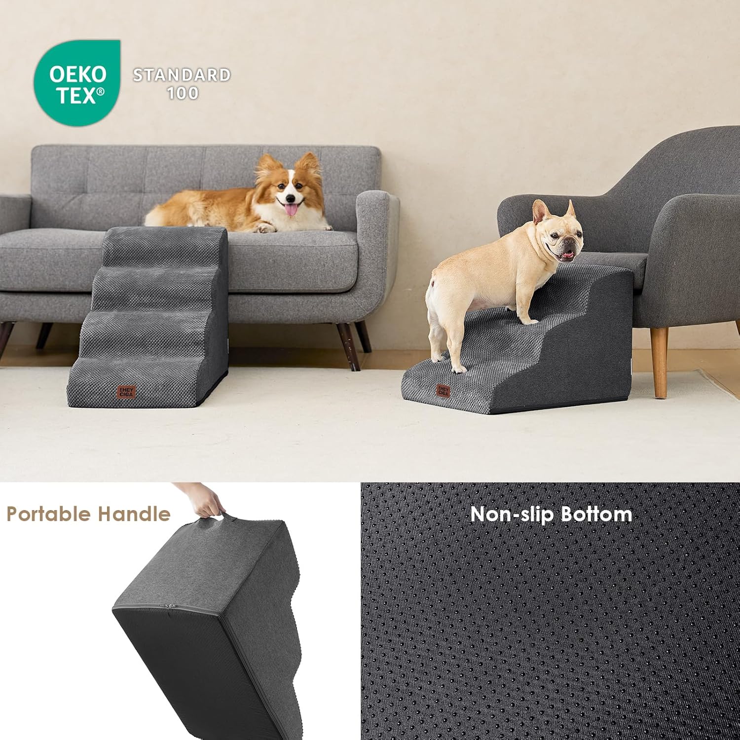 EHEYCIGA Curved Dog Stairs Ramp for Small Dogs 15.7" H, 3-Step Dog Steps for Couch Sofa and Chair, Pet Stairs for Cats, Non-Slip Balanced Pet Steps Indoor, Grey