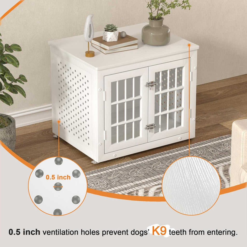 26" Heavy Duty Dog Crate Furniture for Small Dogs, Metal Kennel for High Anxiety Dogs, Chew Proof Pet Cage Indoor, Decorative Kennel End Table, White
