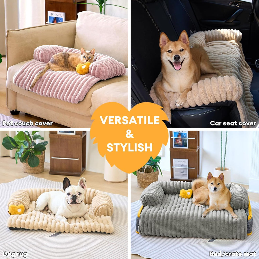 FUNNY FUZZY Pet Couch Cover for Sofa, Calming Dog Bed for Couch, Fluffy Plush Dog Couch Mat for Furniture Protector for Large Medium Small Dogs and Cats, Pink