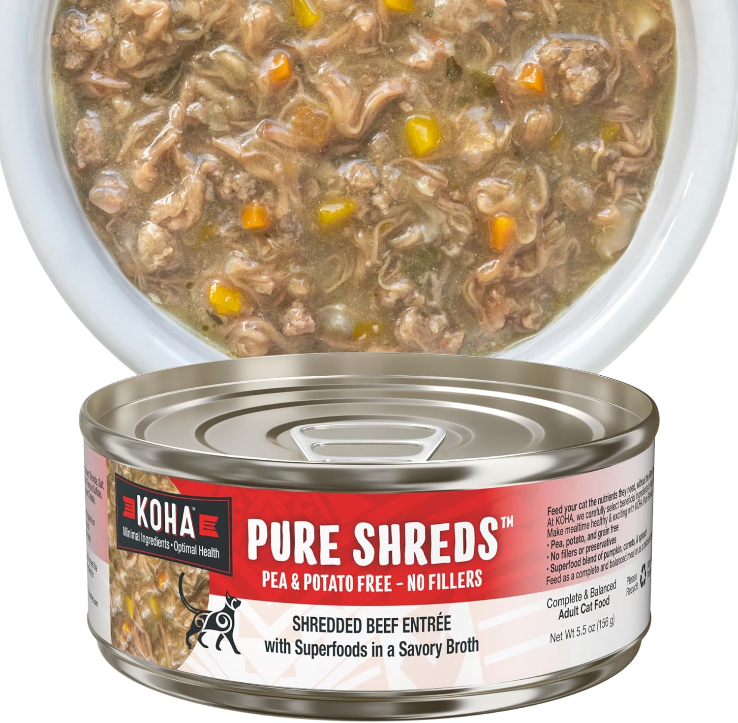 KOHA Pure Shreds Beef Entrée for Cats, Single Meat High Protein Wet Cat Food, 5.5oz Cans (Pack of 12)
