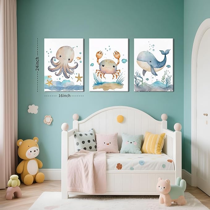 Ocean Nursery Wall Art Set of 3, Sea Animal Baby Boys Room Canvas Wall Decor Paintings, Watercolor Ocean Kids Nursery Posters Prints Pictures for Boys and Girls Room, Bedroom 16x24 Inch Framed