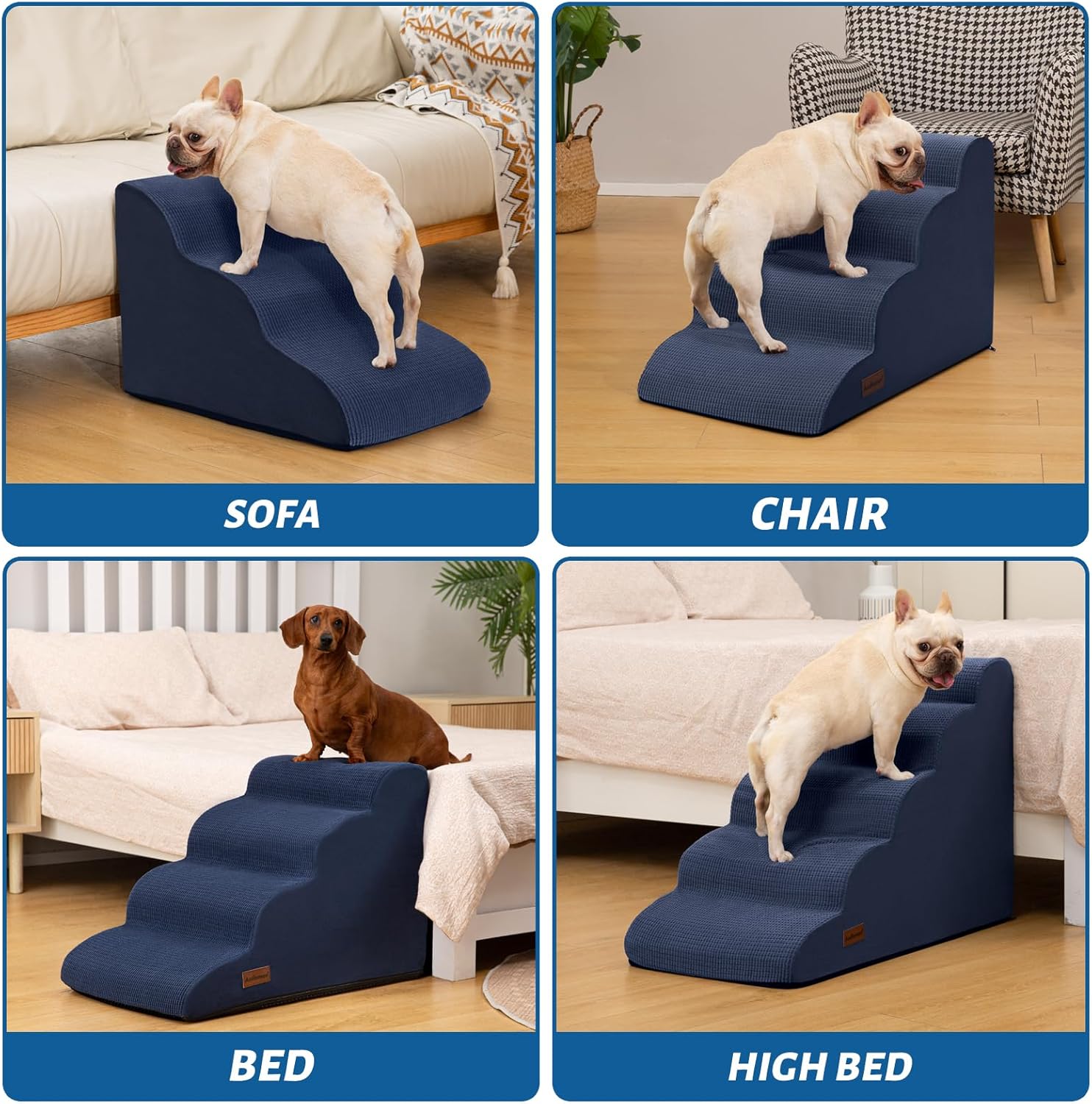 5-Step Dog Stairs and Ramp for High Bed, Non-Slip Sturdy Pet Steps for Small Dogs and Cats,22.2" H,Blue