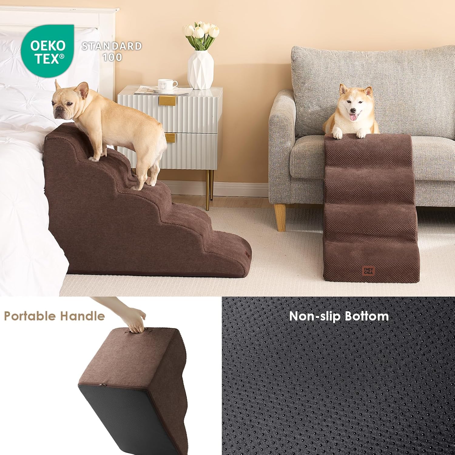 EHEYCIGA Curved Dog Stairs Ramp for High Beds 19.7" H, 4-Step Dog Steps for Small Dogs and Cats, Pet Stairs for High Bed Climbing, Non-Slip Balanced Pet Step Indoor, Brown