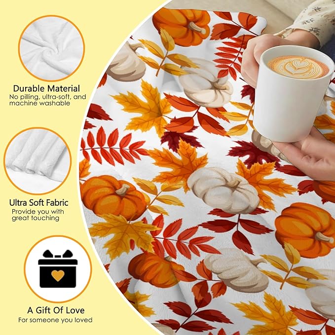Fall Throw Blanket - Pumpkin Maple Leaf Autumn Blanket - Thanksgiving Fall Decor Gift - Ultra Plush Cozy Lightweight Thanksgiving Pumpkin Blanket for Sofa,Bed,Couch - 50"x60"-Teens/Travel Size