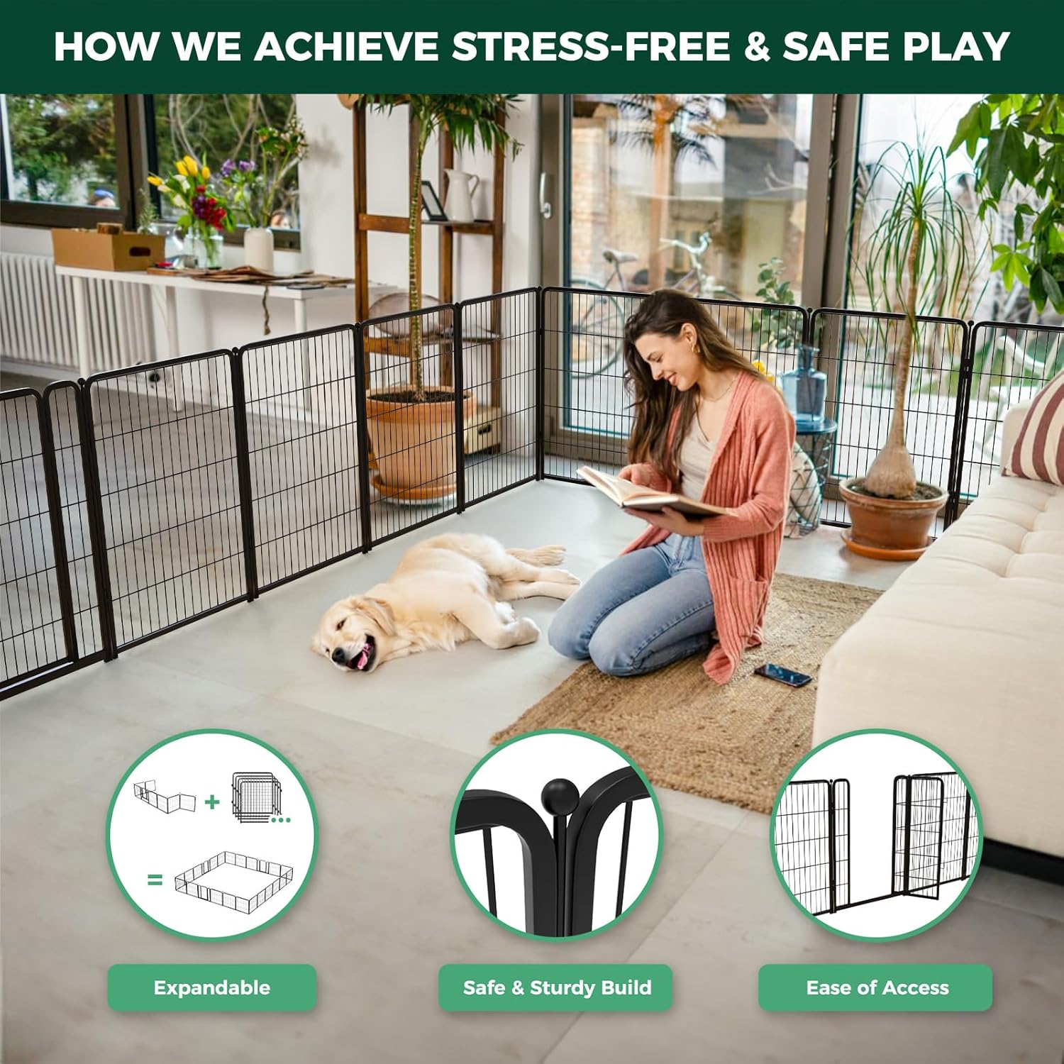 FXW Homeplus Unleashed Indoor Dog Playpen - Stress-Free and Safe Play, Heavy Duty 40 Inch 6 Wire Panels Dog Pen for Medium and Large Dogs, Black│Patented