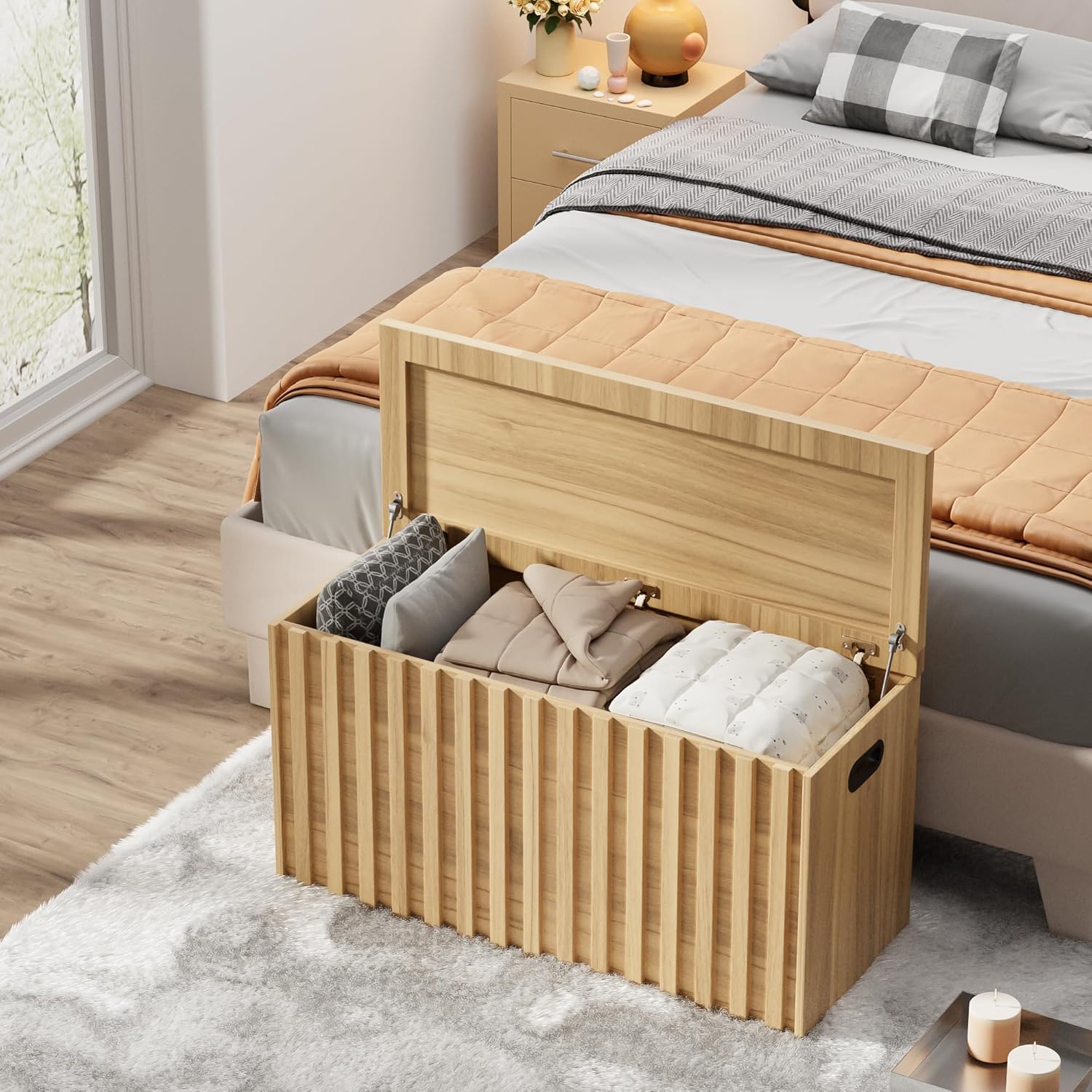 UEV Storage Bench,39.4" Wood Box, Storage Trunk with 2 Safety Hinges, Ottoman Storage Chest, Fluted Storage Bench for Bedroom, Entryway, Living Room(Natural Wood)