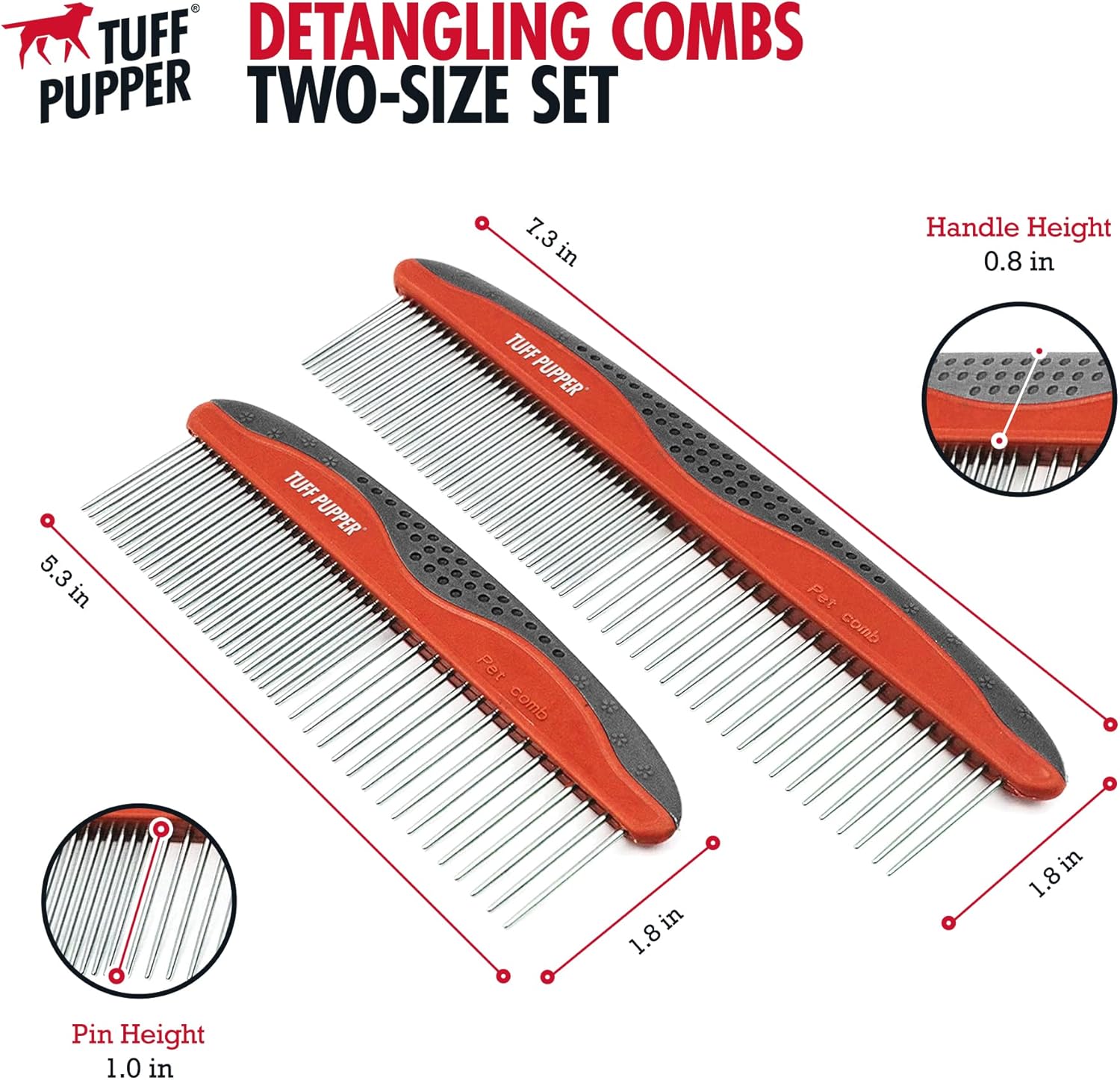 Tuff Pupper Dog Grooming Comb Set | Easily & Safely Remove Dead, Matted Knotted Hair | Ergonomic Pet Detangling Combs | No-Slip Safety Handle For Precision Control | Rounded Tips Prevent Scratching