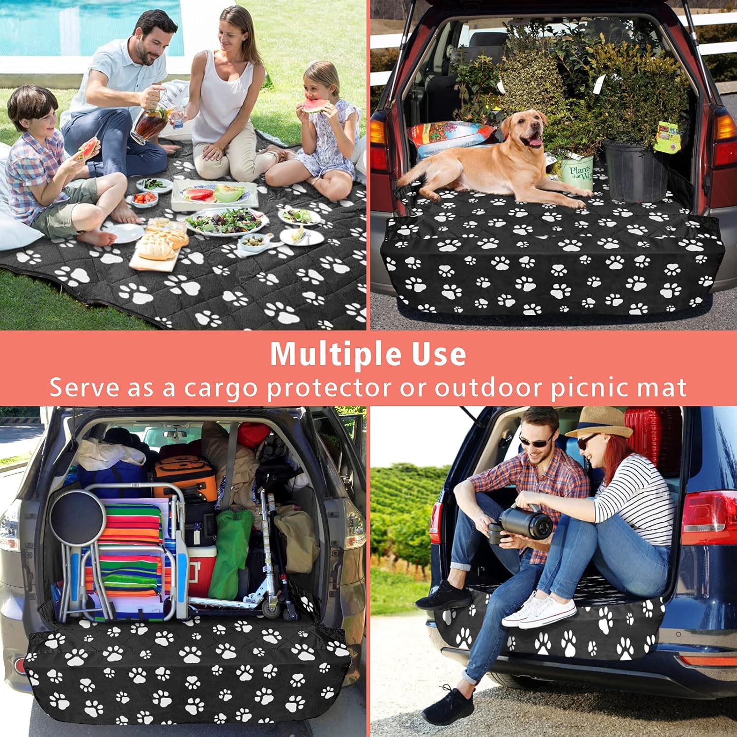 F-color SUV Cargo Liner for Dogs, Water Resistant Pet Cargo Cover Dog Seat Cover Mat for SUVs Sedans Vans with Bumper Flap Protector, Non-Slip, Large Size Universal Fit, Paw Print