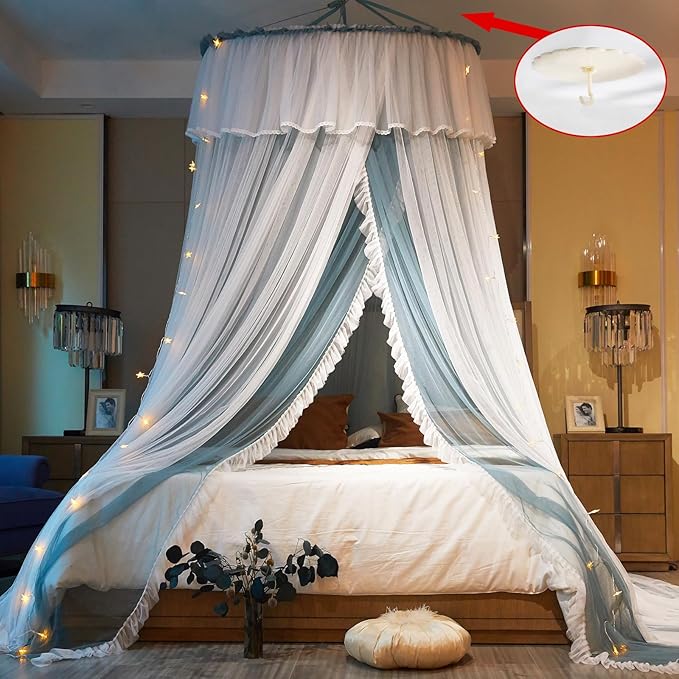 AIKASY Princess Bed Canopy for Girls & Adults, Elegant Double-Layer Bed Curtain, Children's Dream Round Lace Mosquito Net - Fits Twin, Full, Queen, and King Beds(Blue/White)