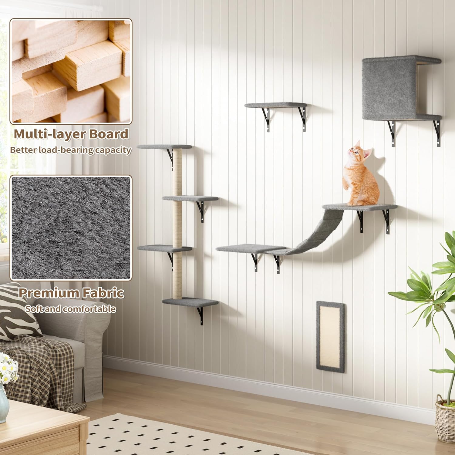 COZIWOW Wall Mounted Cat Furniture, Cat Wall Shelves and Perches, Floating Cat Shelves for Wall Set of 5 (Grey)