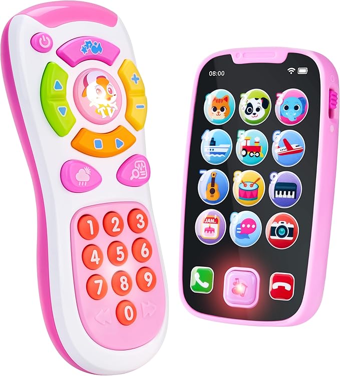 JOYIN Baby Learning Phone and Remote Toy for Toddler, Pink Smartphone Toys with Music for Infants, Kids, Holiday Stocking Stuffers, Birthday Gift for Girls, Gifts for Christmas