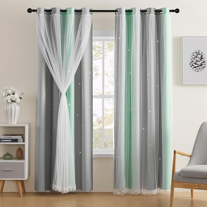 XiDi Green Grey Curtains for Girls Bedroom Decor Kids Blackout Curtains for Nursery Room Darkening Rainbow Princess Unicorn Wall Decals Little Girl Grommet Top 52x54 Inches Long 2 Panels Set