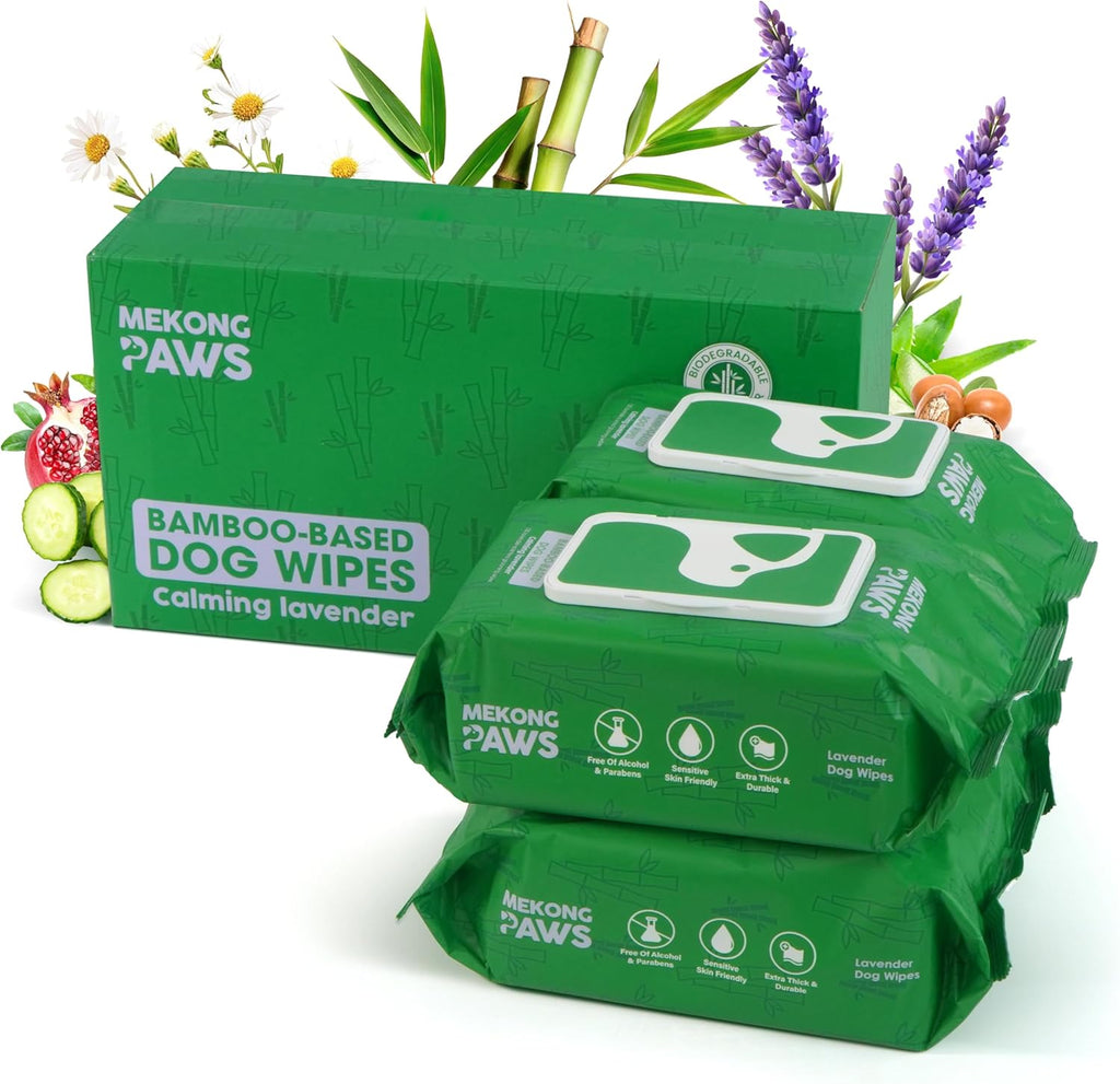 Pet Grooming Wipes - Natural & Organic Bamboo Base - Calming Lavender Scented - Freshening Dog Cat - Gentle on Sensitive Skin - Thick & Durable for Paw Coat & Bum Cleansing - 400 Count
