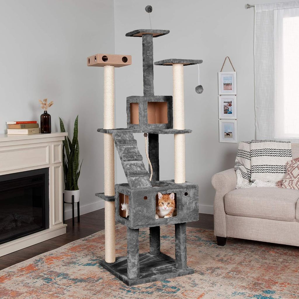 Furhaven 69.3" Tall Cat Tree for Indoor Cats, Ft. Sisal Scratching Posts, 2x Cat Condos, & Toys - Tiger Tough Double Decker Interactive Playground Tower - Silver Gray, One Size