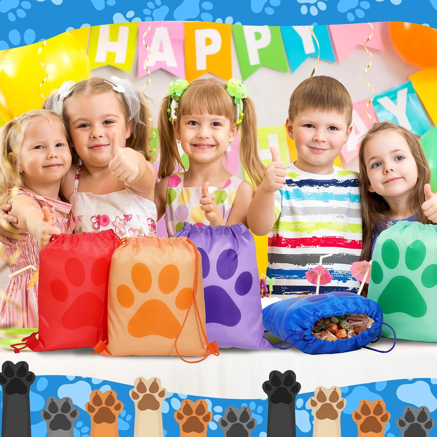 Yerliker 14 Pieces Paw Print Drawstring Bags Cute Paw Print Bags Bulk Reusable Dog Themed Party Favor Backpack Set Puppy Themed Drawstring Goodie Backpack with String for Birthday Gift Supplies