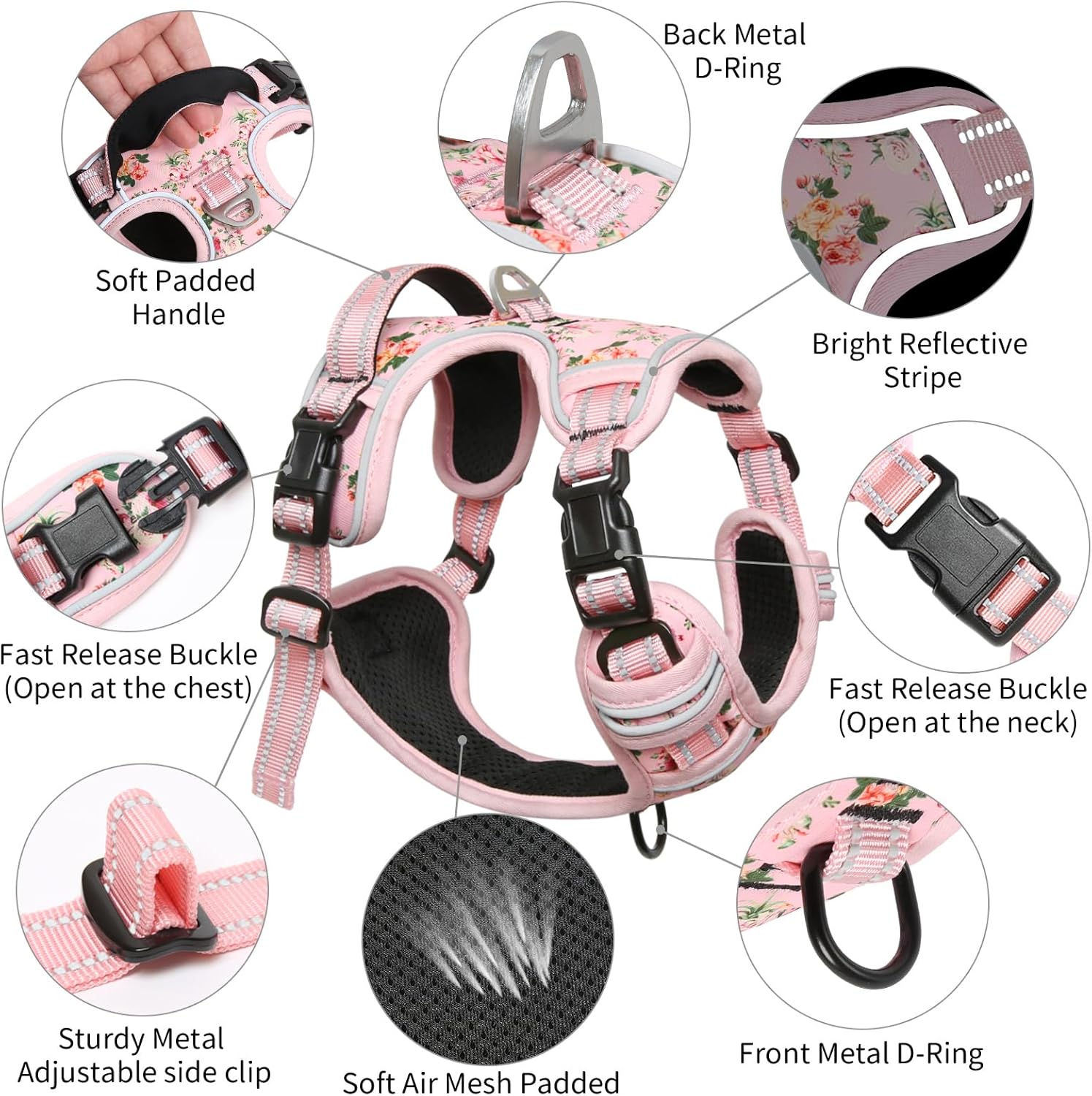 Timos Dog Harness, No-Pull Pet Harness with 2 Leash Clips, 3 Snap Buckles Adjustable Soft Padded Dog Vest, Reflective No-Choke Pet Oxford Vest with Easy Control Handle for Small Medium Large Dogs