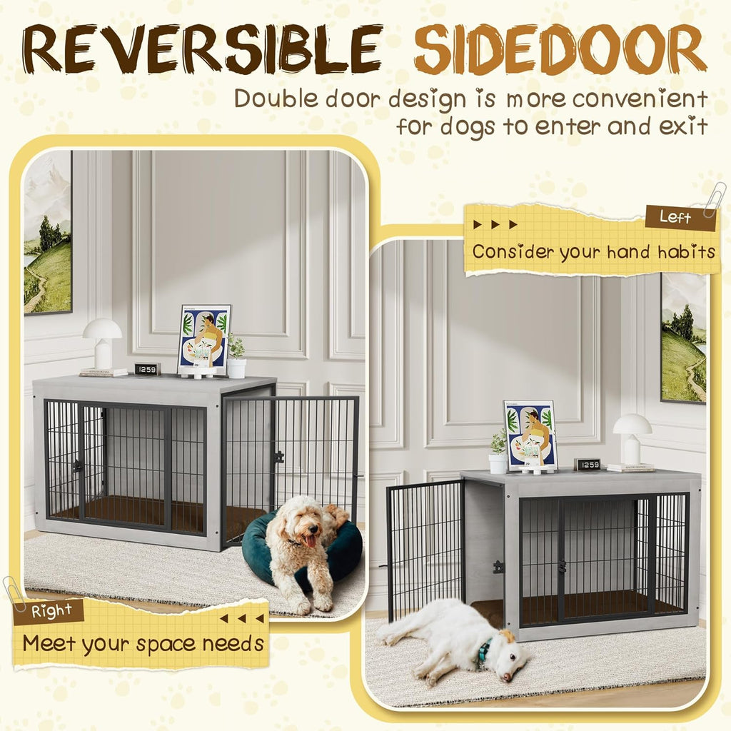 Bigrab Dog Crate Furinture with Thick Cushion, Side End Table Wooden Dog Cage with Double Doors, Chew-Resistant Dog Kennel Dog House Indoor for Small to Large Dog, L (Grey)