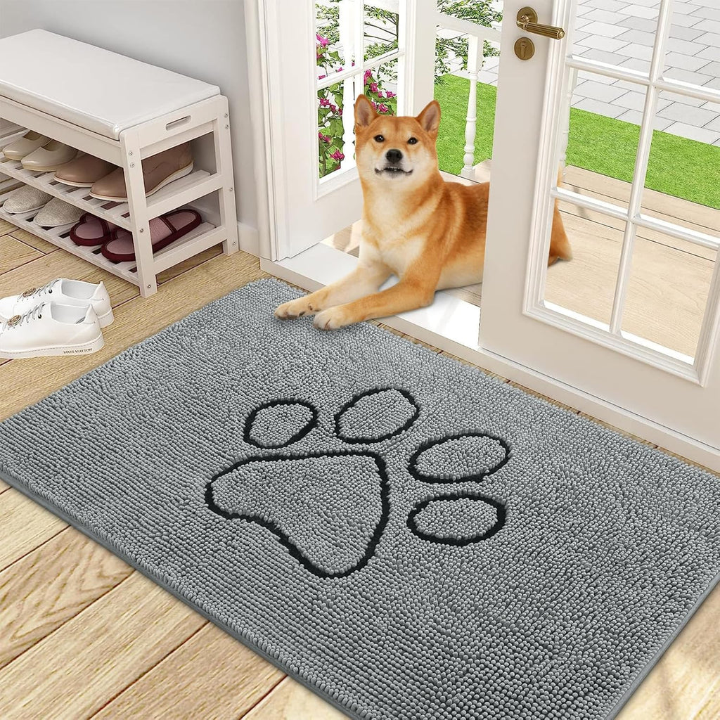 OLANLY Door Mat for Muddy Dog Paws 48x30, Ultra Absorbent Chenille Mud Doormat with Paw Print Design, Non-Slip Washable Doormat for Indoor Entryway, Quick-Dry Pet Bed Mats for Dirty Dogs, Grey