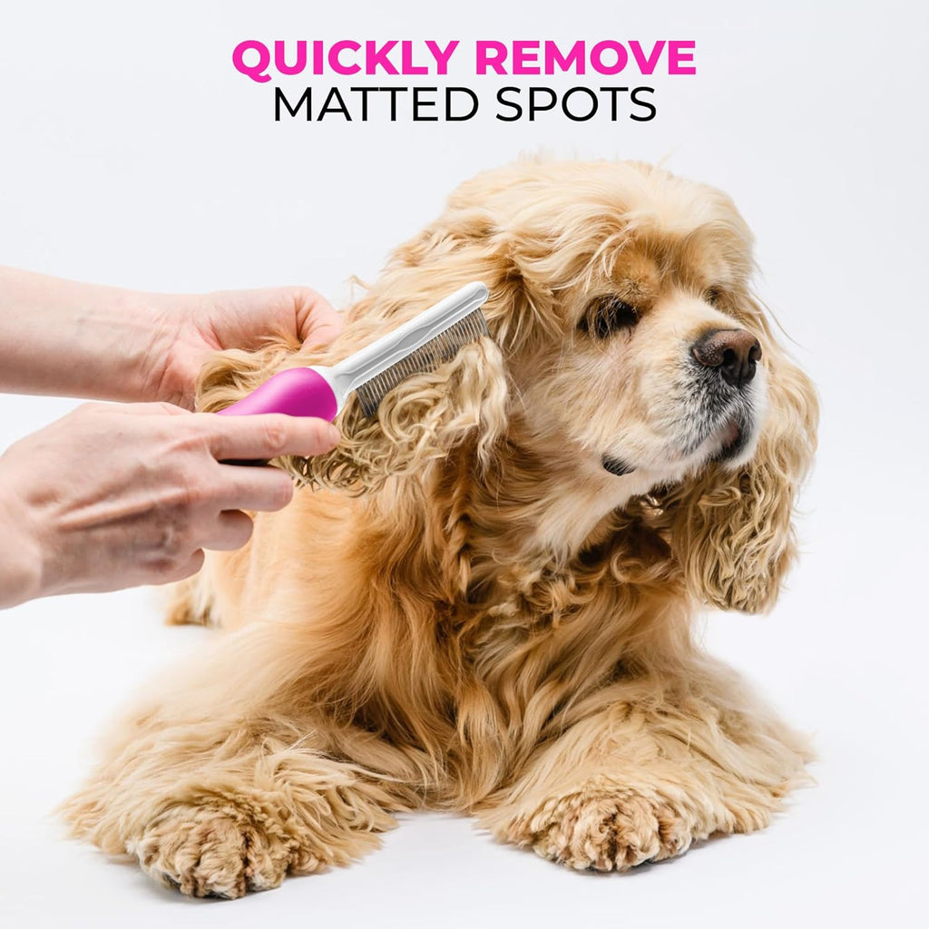 Poodle Pet Detangling Pet Comb with Long & Short Stainless Steel Teeth for Removing Matted Fur, Knots & Tangles – Detangler Tool Accessories for Safe & Gentle DIY Dog & Cat Grooming (Pink)