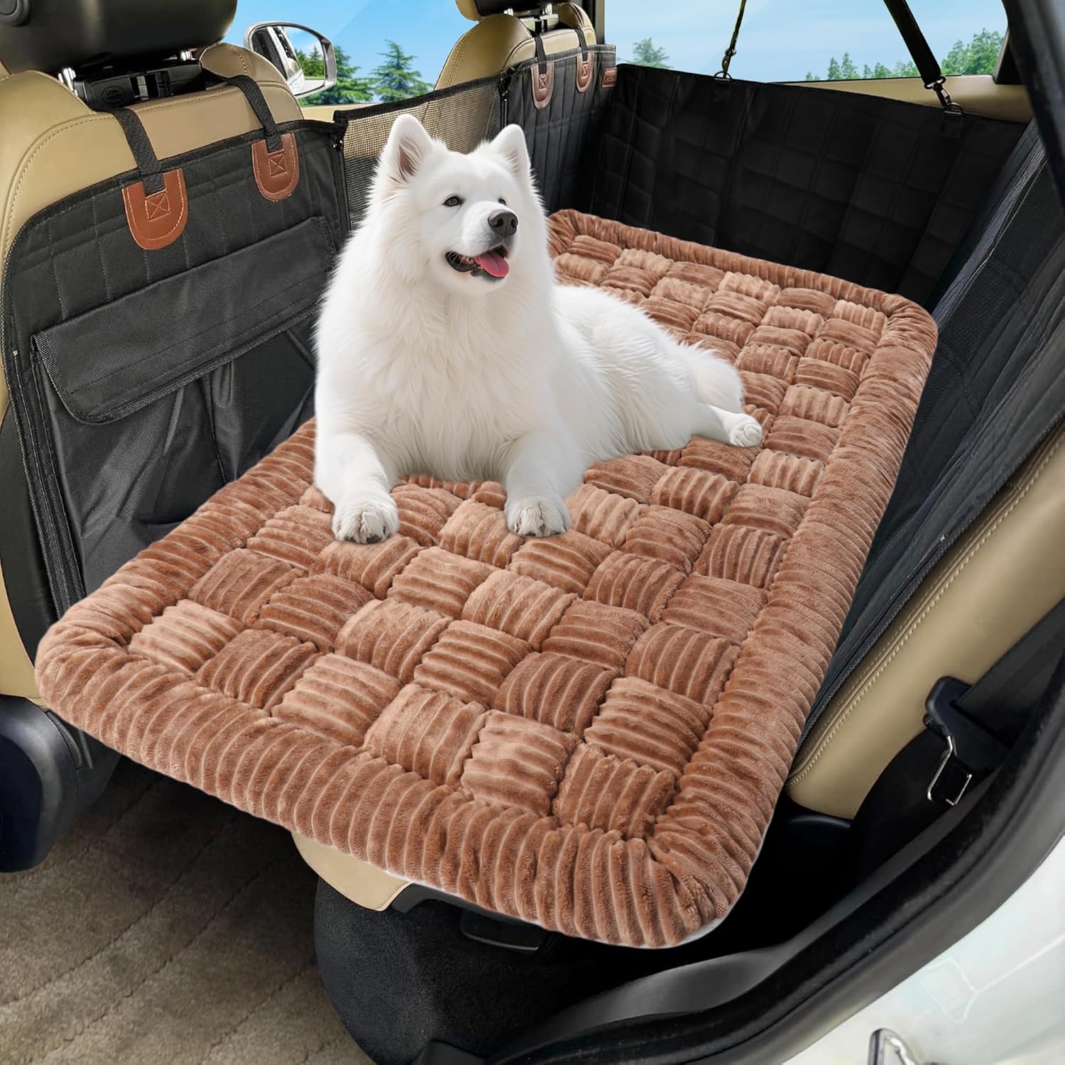 Dog Car Bed Mat, Non-Slip Backseat Extender Pet Blanket, Plaid Dog Bed for SUVs, Sedans & Trucks, Chew-Resistant Travel Pad for Dogs, Easy Clean & Scratch-Proof & Comfort (50"x24.6") Brown