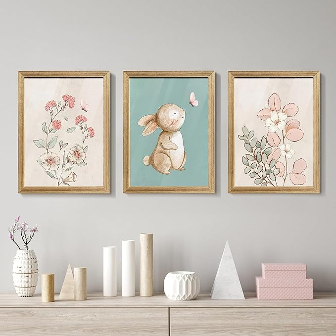 arfitest Nursery Wall Art Cute Bunny Botanical Flowers Wall Decor Pink Green Nursery Pictures Posters Girl Bedroom Canvas Prints gifts for Baby Boys and Girls Playroom paintings 12x16inch