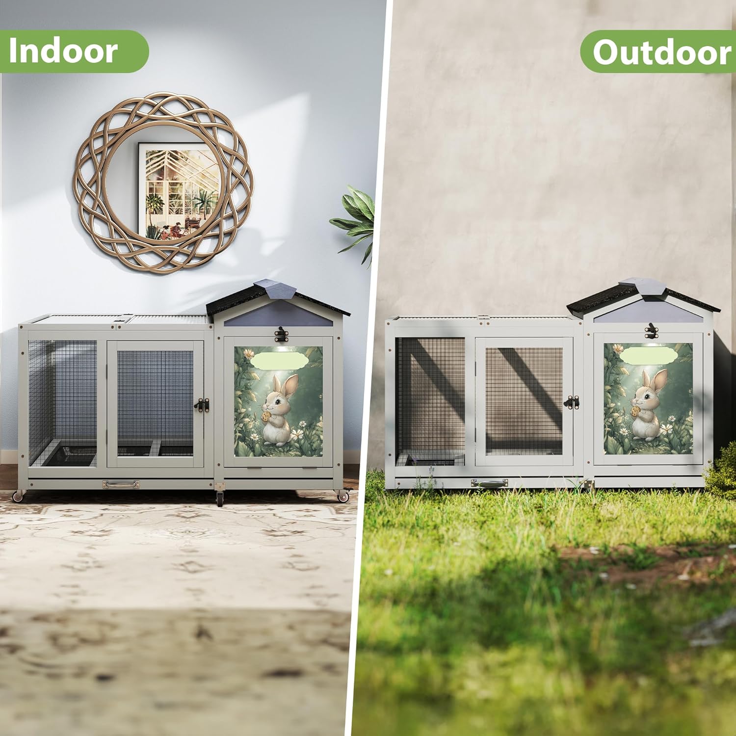 COZIWOW 39inches Assembled Wood Rabbit Hutch Indoor，Wide Space Small Animal Houses with Removable Tray&Safety Lock，Bunny Cage with Waterproof Roof&Solar Panels (Grey with Pattern)