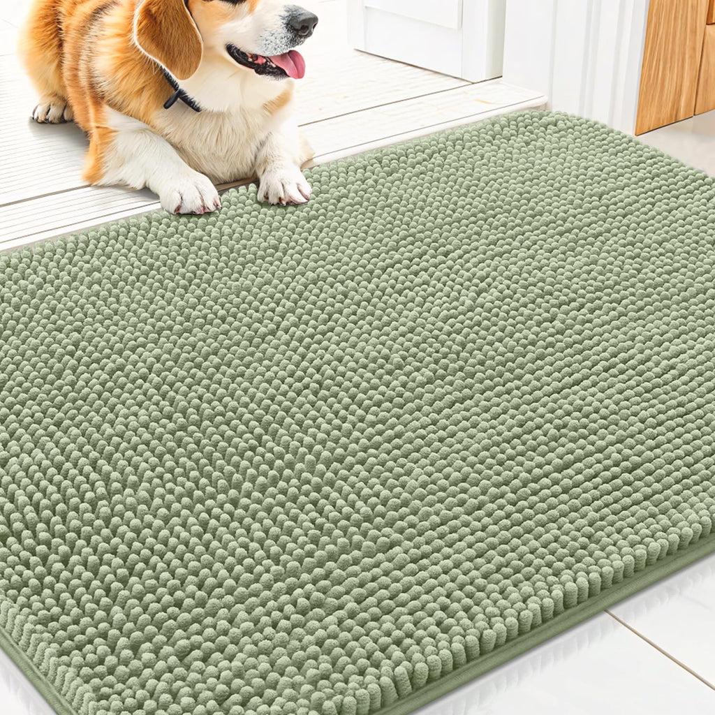 Smiry Dog Door Mat for Muddy Paws 30x20, Absorbs Moisture and Dirt Doormat, Non-Slip Washable Quick Dry Chenille Front Door Mat Indoor Entrance, Entryway Carpet for Inside Floor, Sage Green