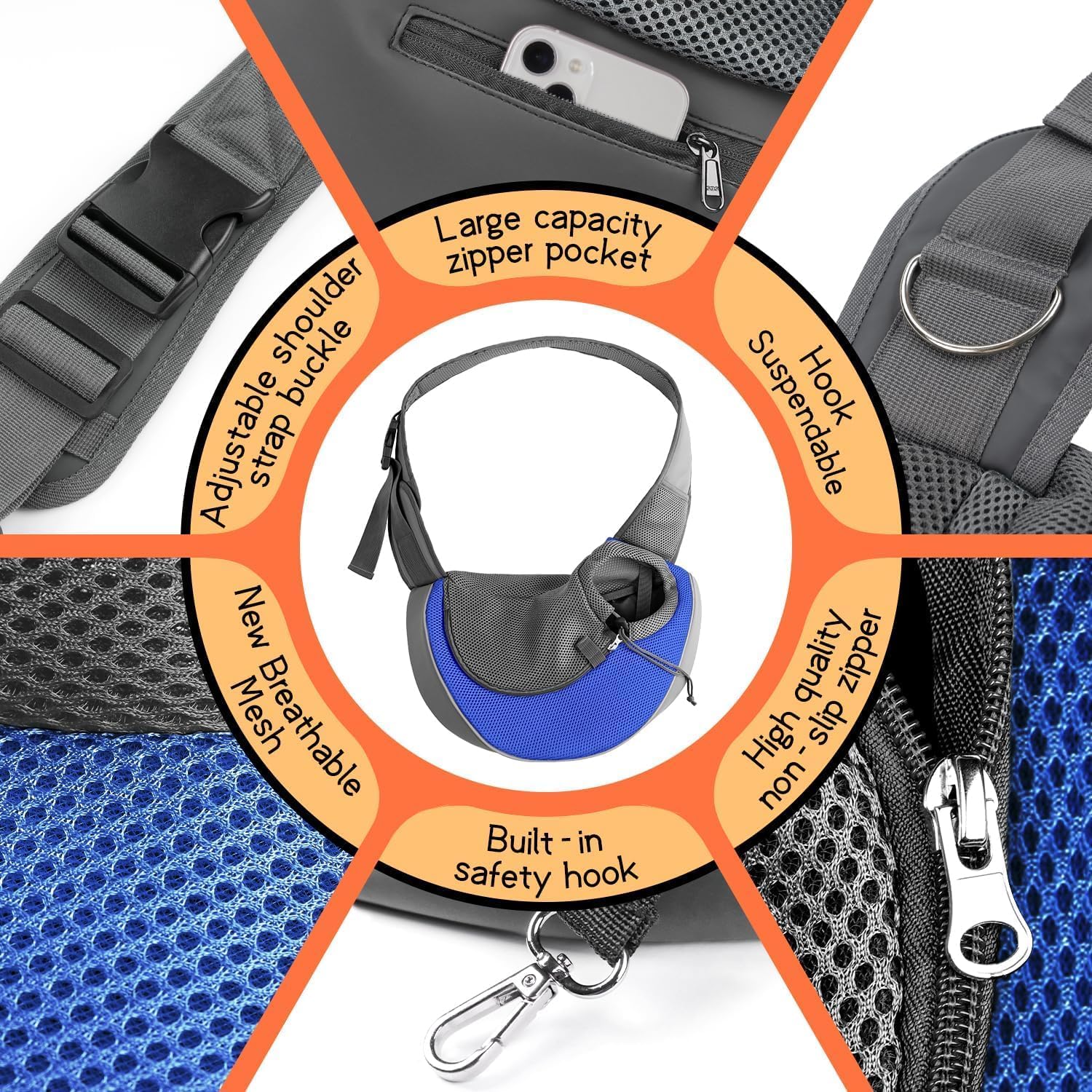 YUDODO Pet Sling Carrier for Small Dogs & Cats – Hands-Free Puppy Carrier with Safety Hook, Large Zipper Pocket, Soft Breathable Mesh, Adjustable Strap & Reflective Strip (Blue 1.0 M)
