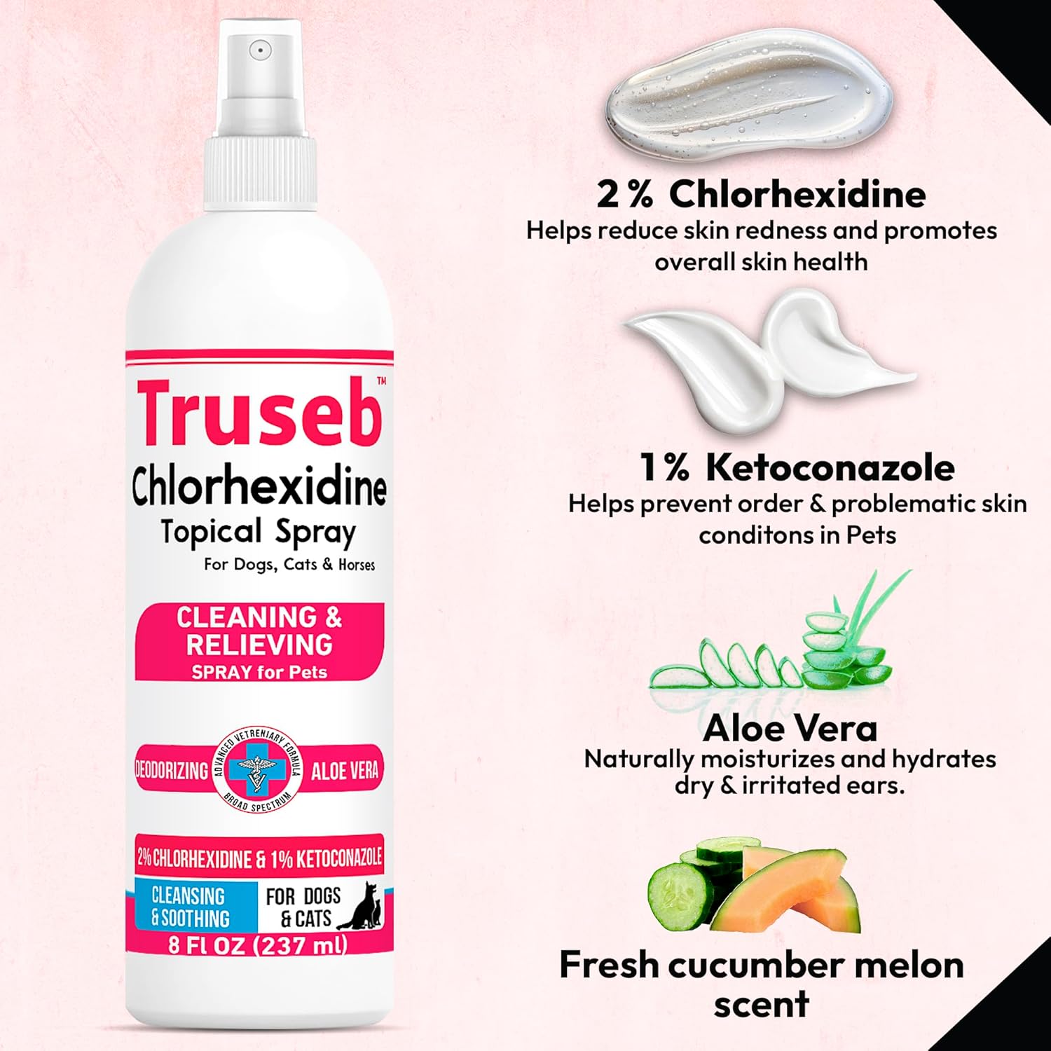 Truseb Topical Ketoconazole and Chlorhexidine Spray for Dogs, Cats, and Horses with Aloe - 8 oz (Ketoconazole & Chlorhexidine Spray, 8 oz)