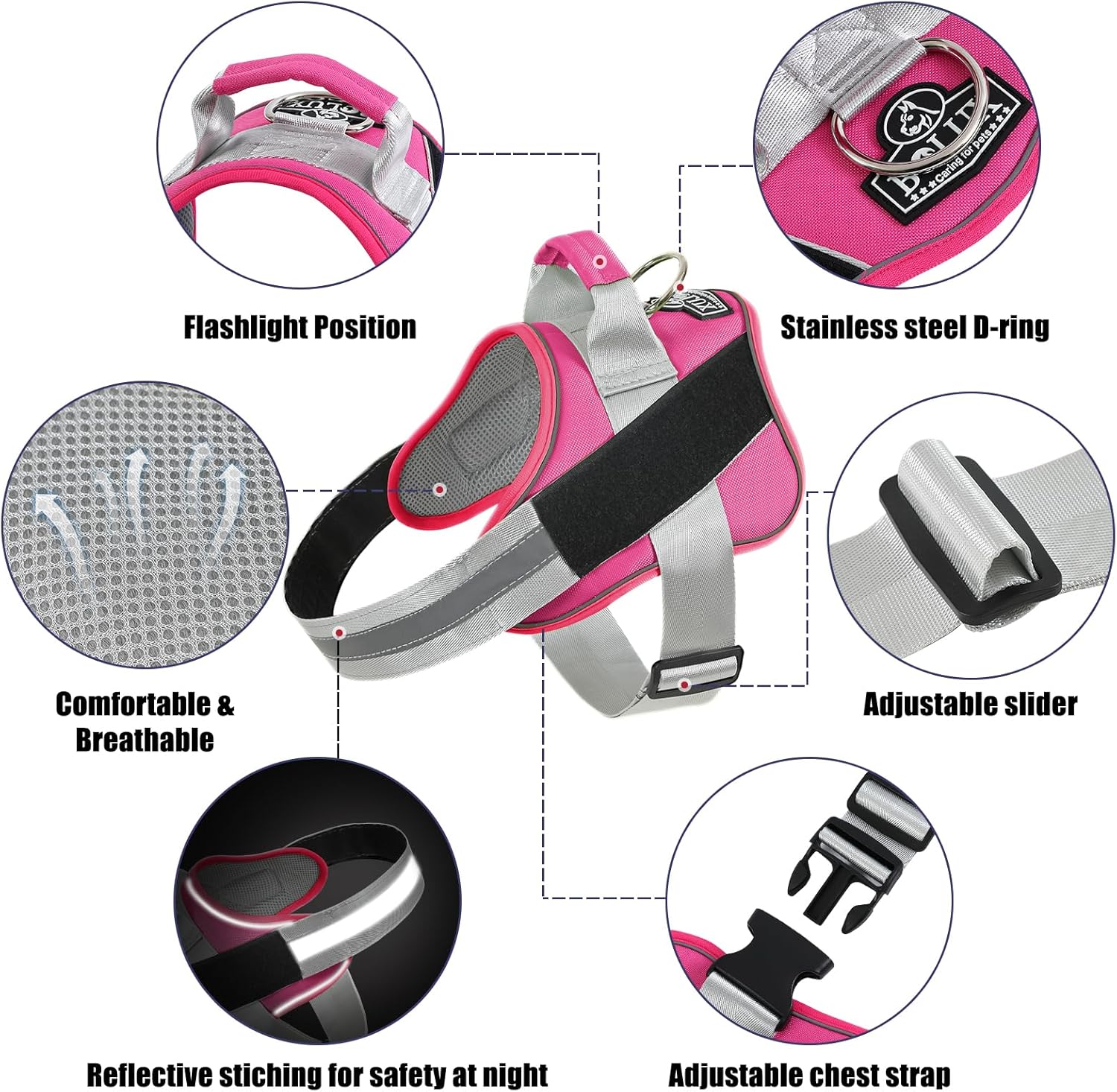 Bolux Dog Harness, No-Pull Reflective Dog Vest, Breathable Adjustable Pet Harness with Handle for Outdoor Walking - No More Pulling, Tugging or Choking (Fuchsia, X-Small (Pack of 1))