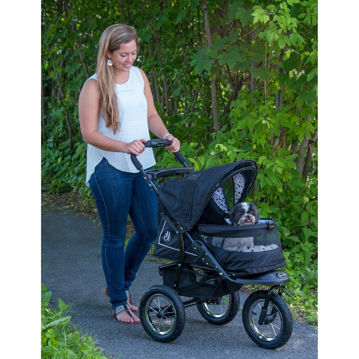 Pet Gear No-Zip NV Pet Stroller for Cats/Dogs, Zipperless Entry, Easy One-Hand Fold, Gel-Filled Tires, Plush Pad + Weather Cover Included, Black Spots