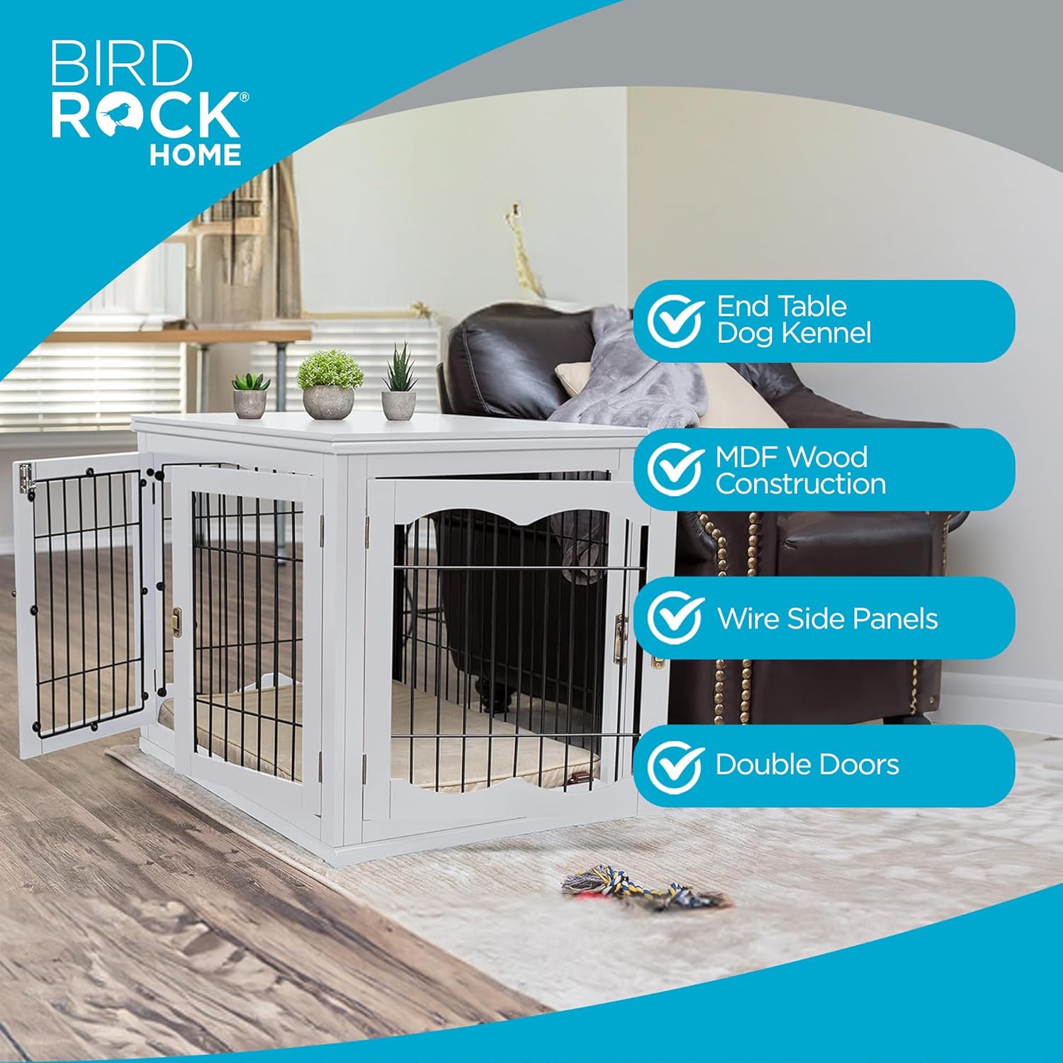 INTERNET'S BEST Decorative Dog Kennel with Pet Bed, Small Pet House, Double Door Indoor Crate, Engineered Wood & Wire Furniture, Side Table & Nightstand, Fits Small Dogs - White