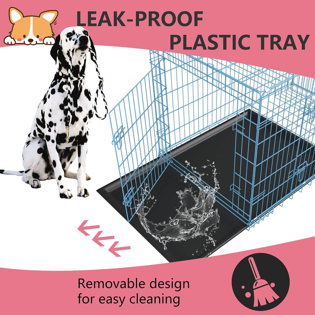 FDW Dog Crate for Large Dogs 48 Inch Folding Metal WirePet Cage Double Door W/Divider Panel Indoor Outdoor Kennel Leak-Proof Plastic Tray,Blue