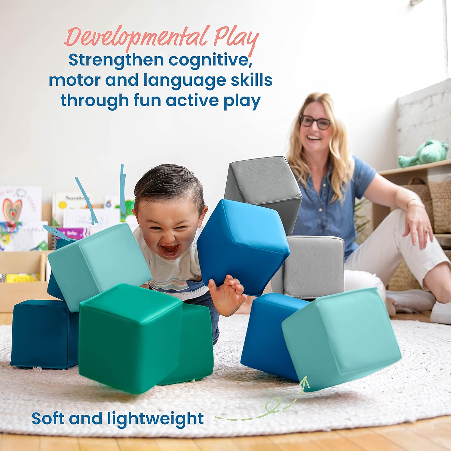 ECR4Kids SoftZone Patchwork Toddler Building Blocks, Foam Cubes, Contemporary, 12-Piece