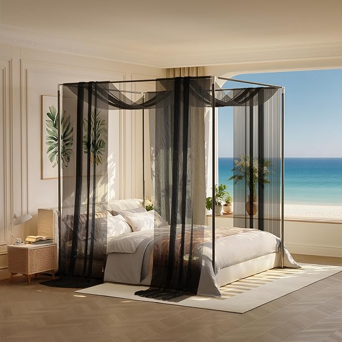 lazyzzz Black Canopy Bed Curtains for Full/Queen Metal/Wood Canopy Bed Frame, Princess Bed Canopy Scarf for Girls-2 Panel Sheer Curtain 39.4" W x 315" L