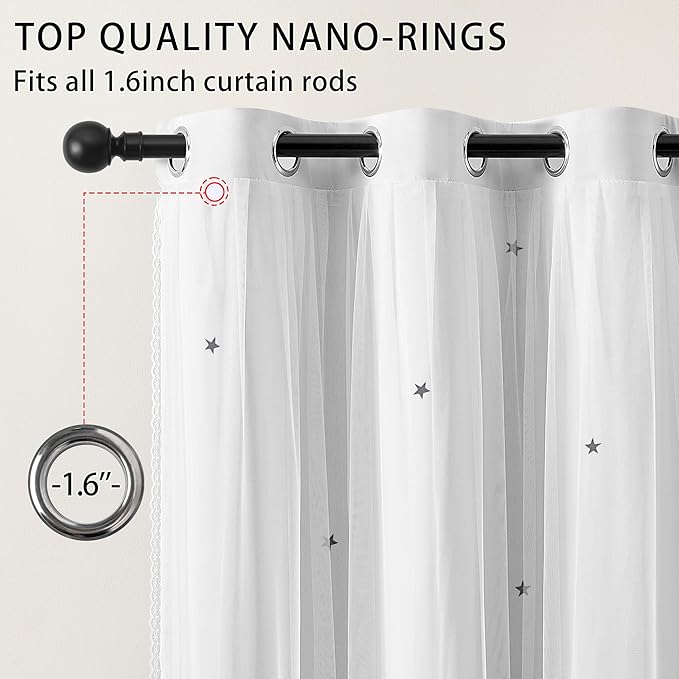 XiDi White Curtains for Girls Nursery Room 90 Inches Long Blackout Double Layer Curtains with Sheer Overlay for Kids Toddler Princess Bedroom Living Room Darkening Grommet Window Drapes W52 X L90