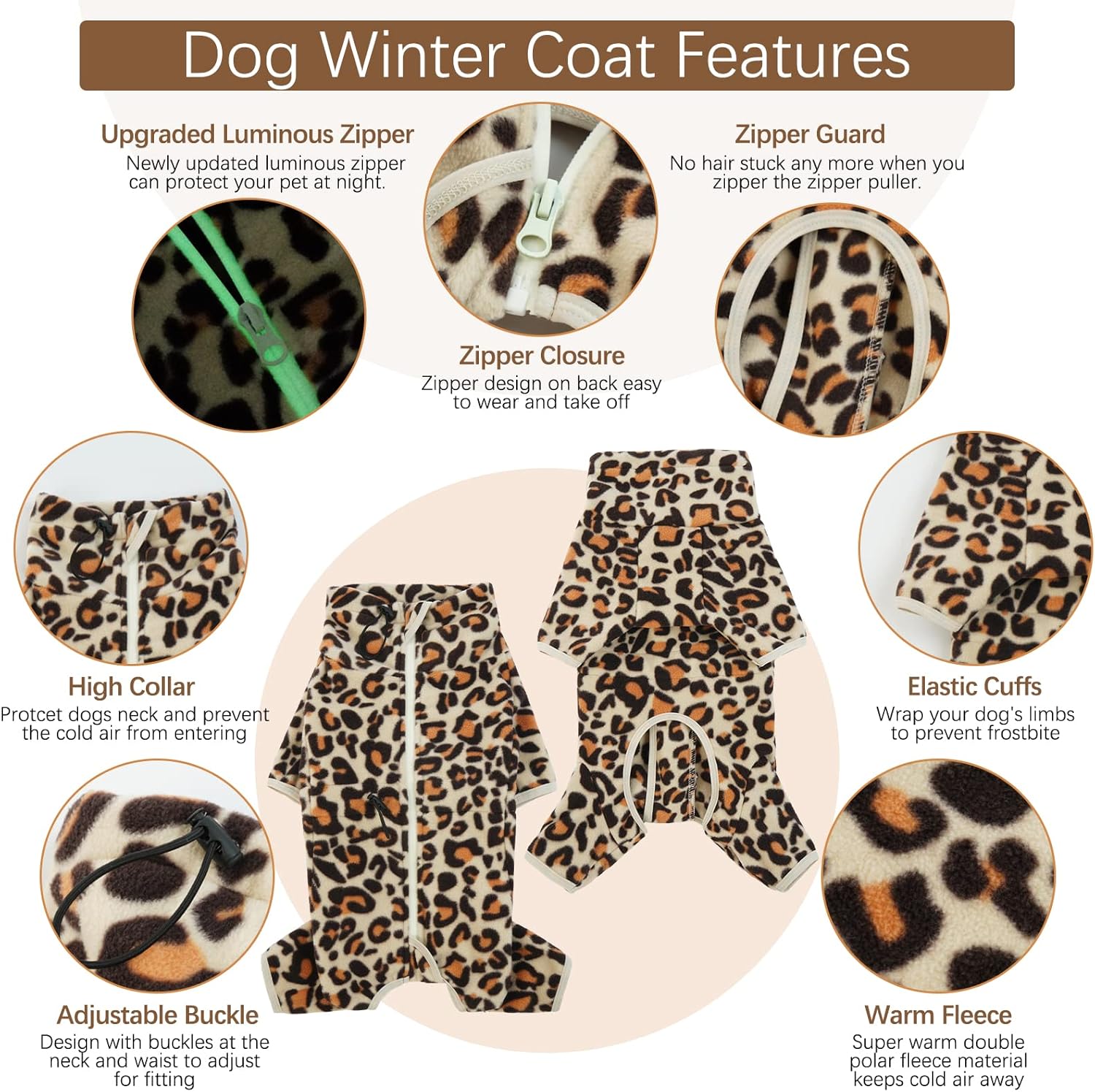 ROZKITCH Full Body Dog Sweater, Pet Windproof Warm Cold Weather Jacket Vest with Luminous Zipper, Jumpsuit Apparel Outfit Clothes for Small Medium Large Dog Brown 2XL