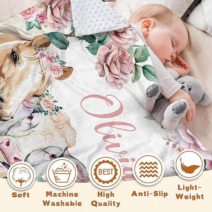 Personalized Baby Blankets for Boys Girls, Custom Baby Blanket with Name, Farm Animals Blanket Personalized, Receiving Swaddle Blanket Suitable for Infants & Toddler, (47" x60)