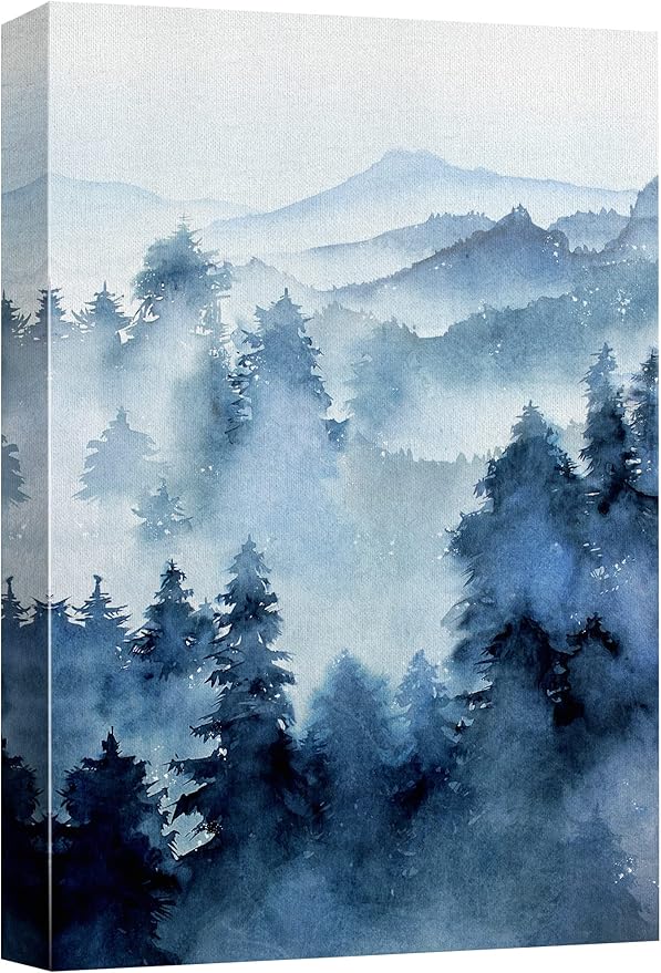 SIGNWIN Canvas Print Wall Art Woodland Nursery Decor Blue Winter Mist Pastel Mountain Forest Nature Illustrations Modern Art Decorative Landscape Colorful for Living Room, Bedroom, Office - 16"x24"