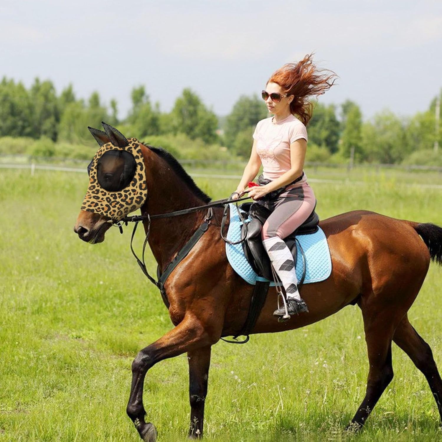 Horse Fly Mask with Ears - Comfort Fit, Durable & Breathable, Easy to on/Off | UV Protection, Large Eye Space, Stretchy Leopard Print (2pcs Large, Tangle-Free)